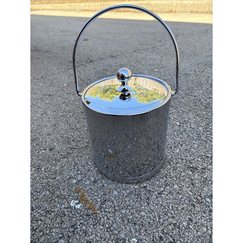 Vintage Kraftware Ice‎ Bucket Chrome Lid Handle Cork Base Barware